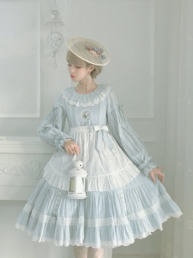 Short Version Margarita Floal Embroidery Bodice Round Neck High Waist Long Sleeves One Piece