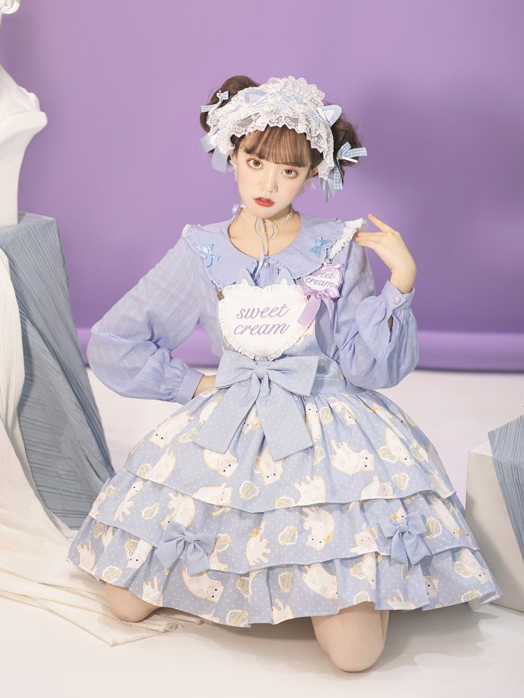 In Stock Kitty Print Bowknot Details Tiered Ruffle Hem Overall Dress