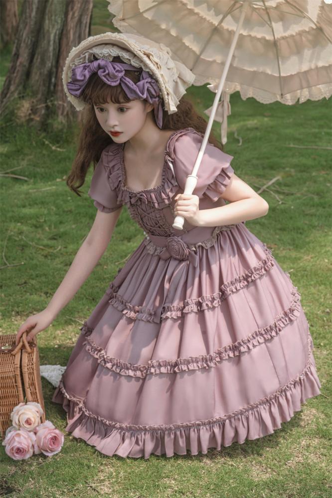 Square Neckline Smocked Elastic Front Bodice Ruffle Hemline Long/Short Sleeves Lolita OP