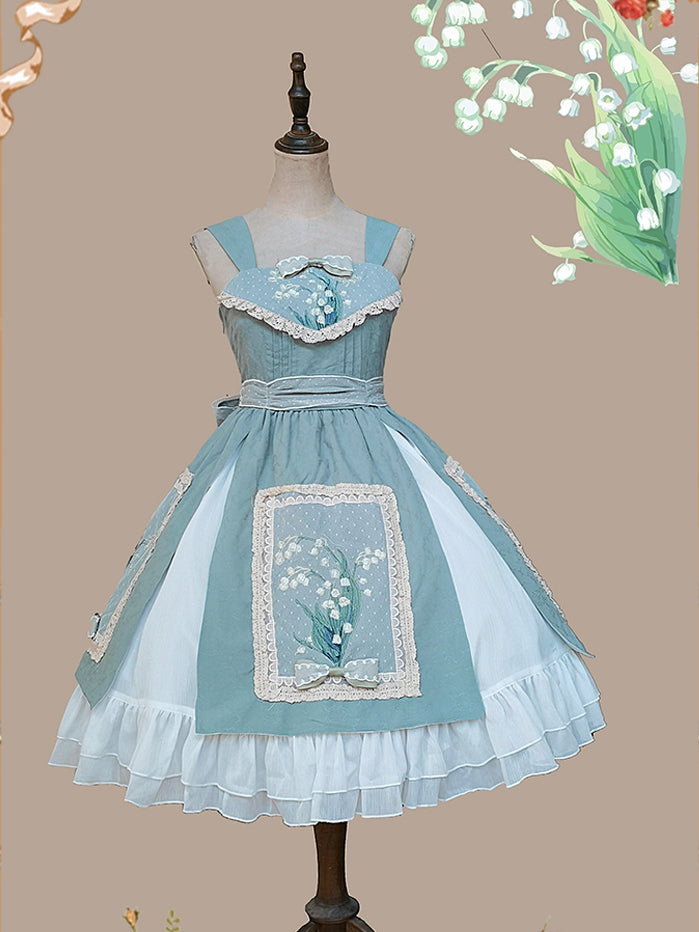 Lily of the Valley Color Light Green Bowknot Details HIgh Waist Jumper Skirt