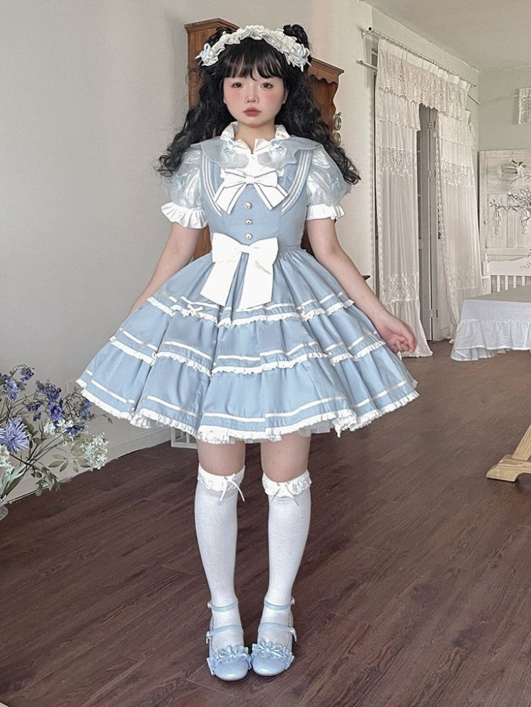 Untitled Sea Breeze Light Blue Sailor Lolita Tiered Skirt Jumper Skirt