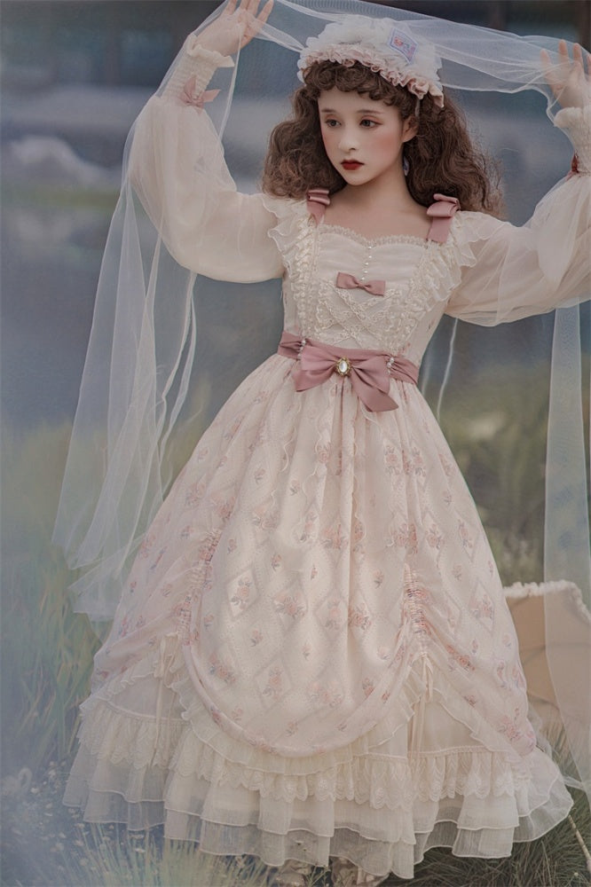 Time Letter Paper Floral Print Bowknot Details Drawstring Ruffle Hem Long Sleeves One Piece
