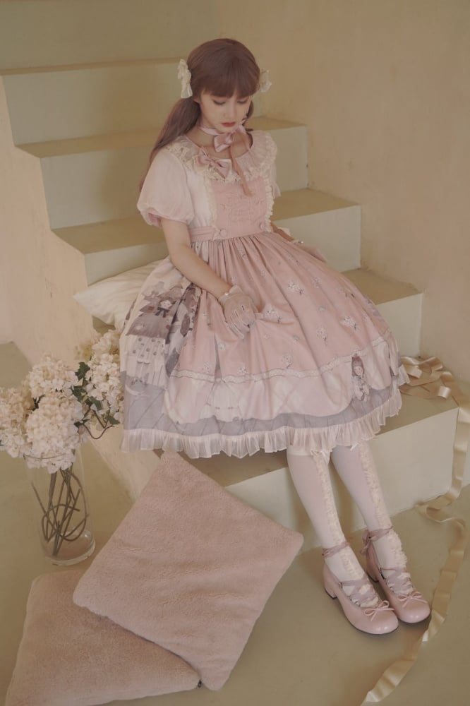 Spring Curtain Country Style Little Girl Print Embroidery Round Neck Bowknot Details Short Sleeves One Piece