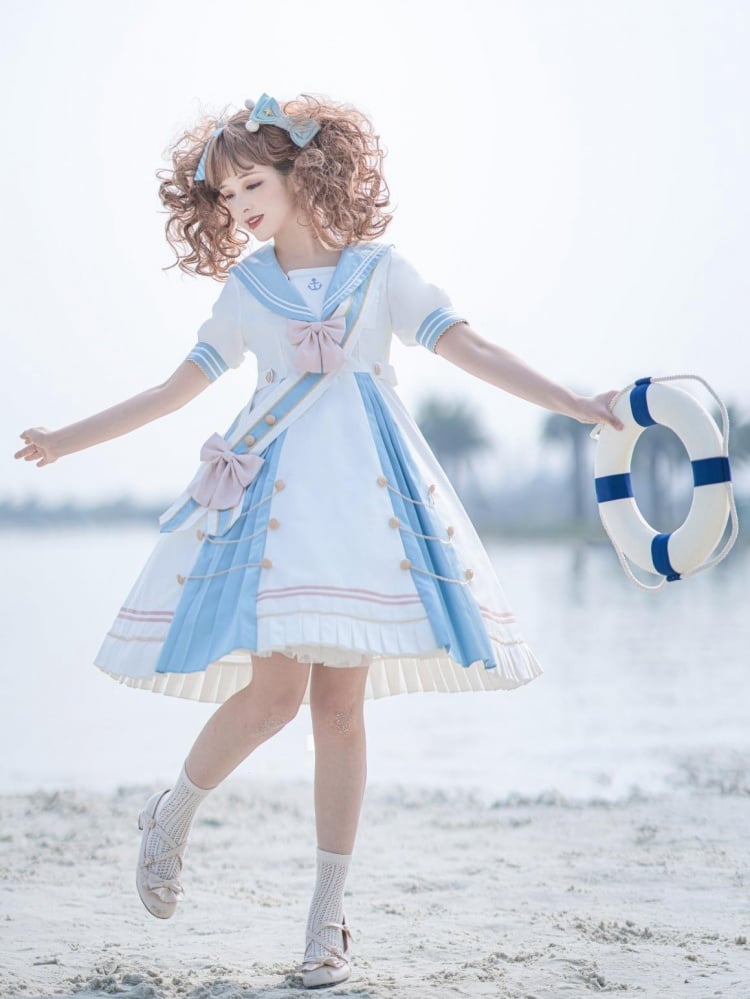 Sea Breeze Light Blue Sailor Collar One Piece High Waist Sweet Dress with Bow Tie and Ribbon