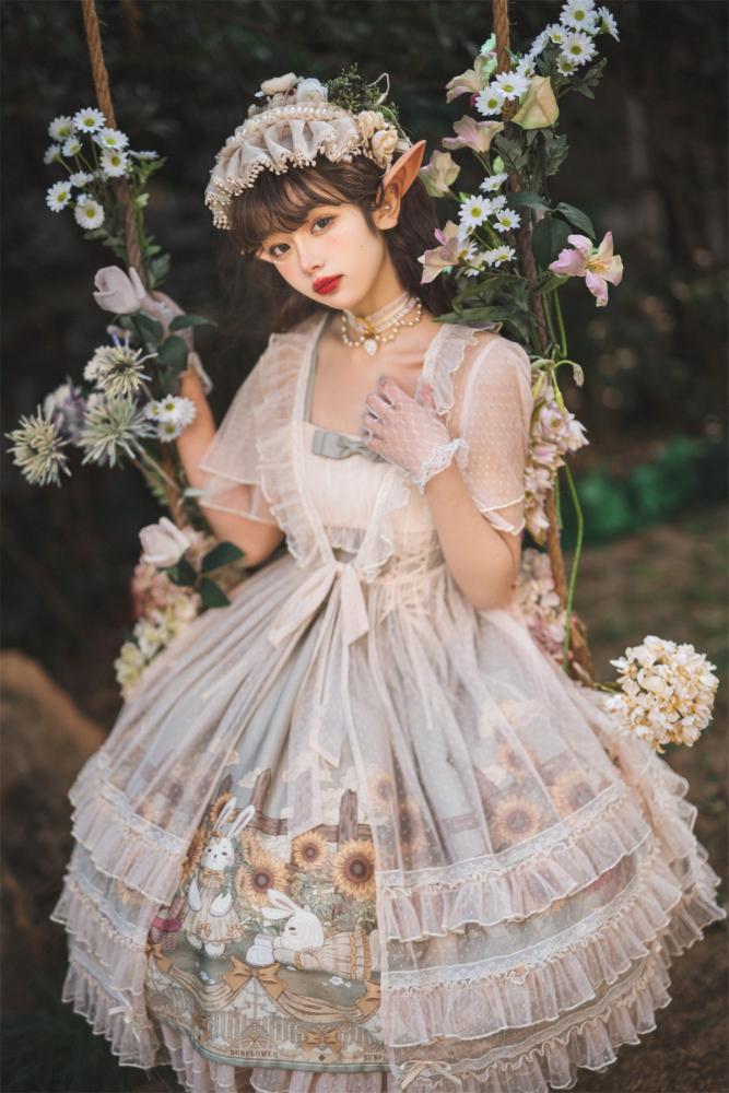 Sunflowers and Bunny Print Spring Jumper Skirt Tulle Overdress Set