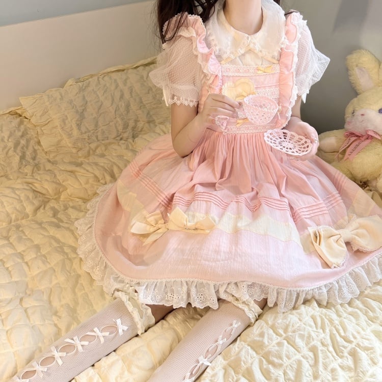 In Stock Bowknot High Waist Ruffle Hem Jumper Skirt