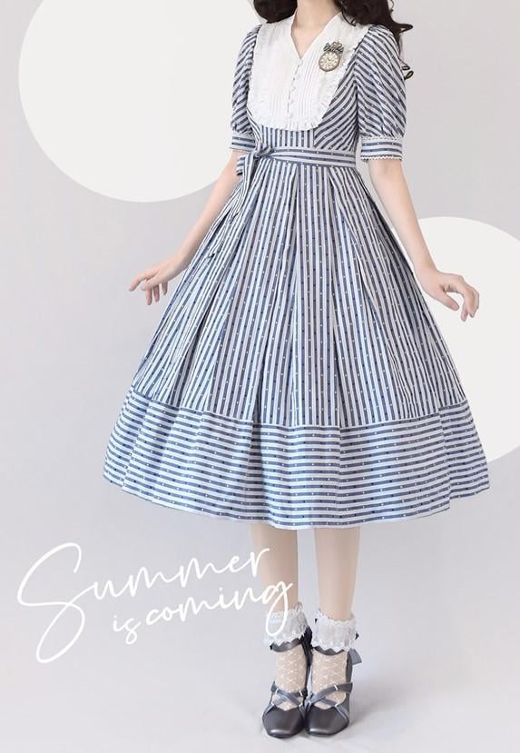 Three Colors Banded Collar Striped Pattern Short Sleeves One Piece