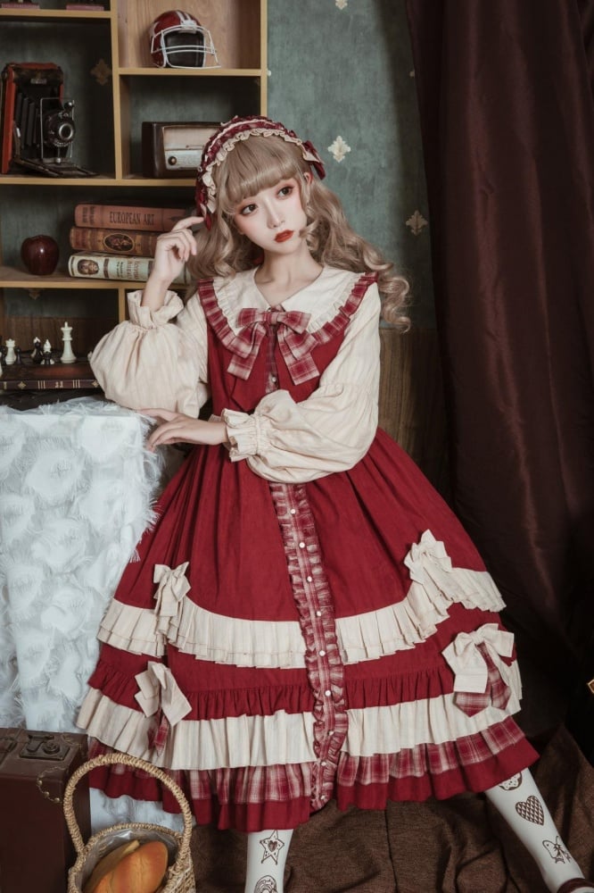 Peter Pan Collar Red Plaid Pattern Bowknot Details Long Sleeves Lolita OP