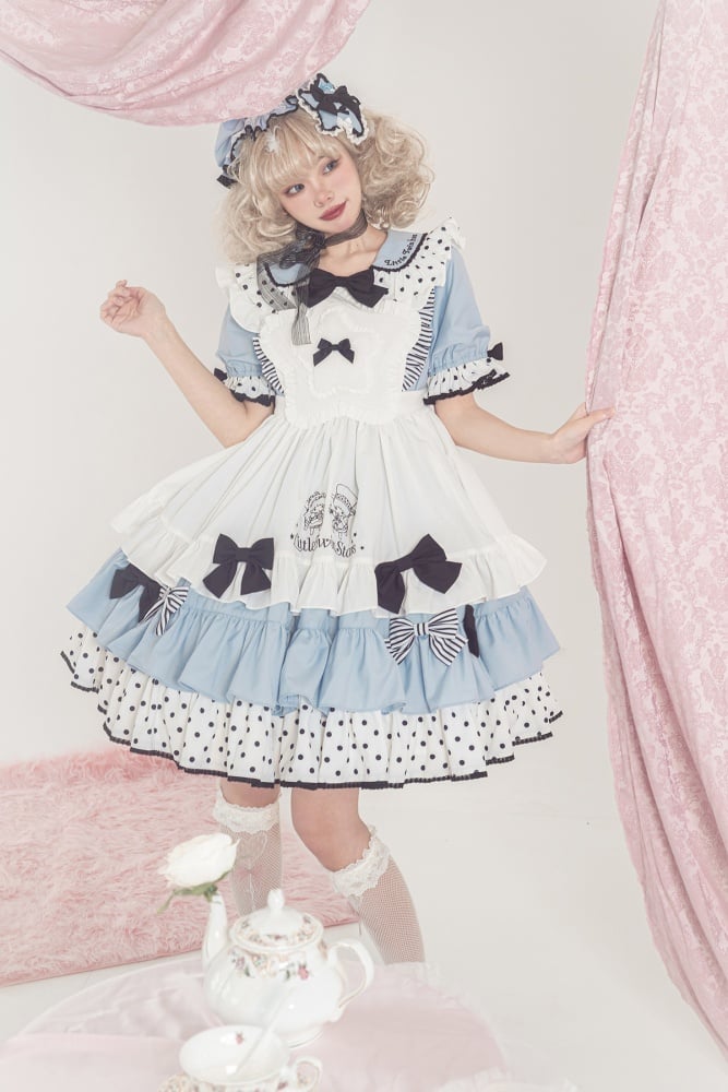 Little Twin Stars Bowknot Details Ruffle Trim Short Sleeves Lolita OP Color Blue
