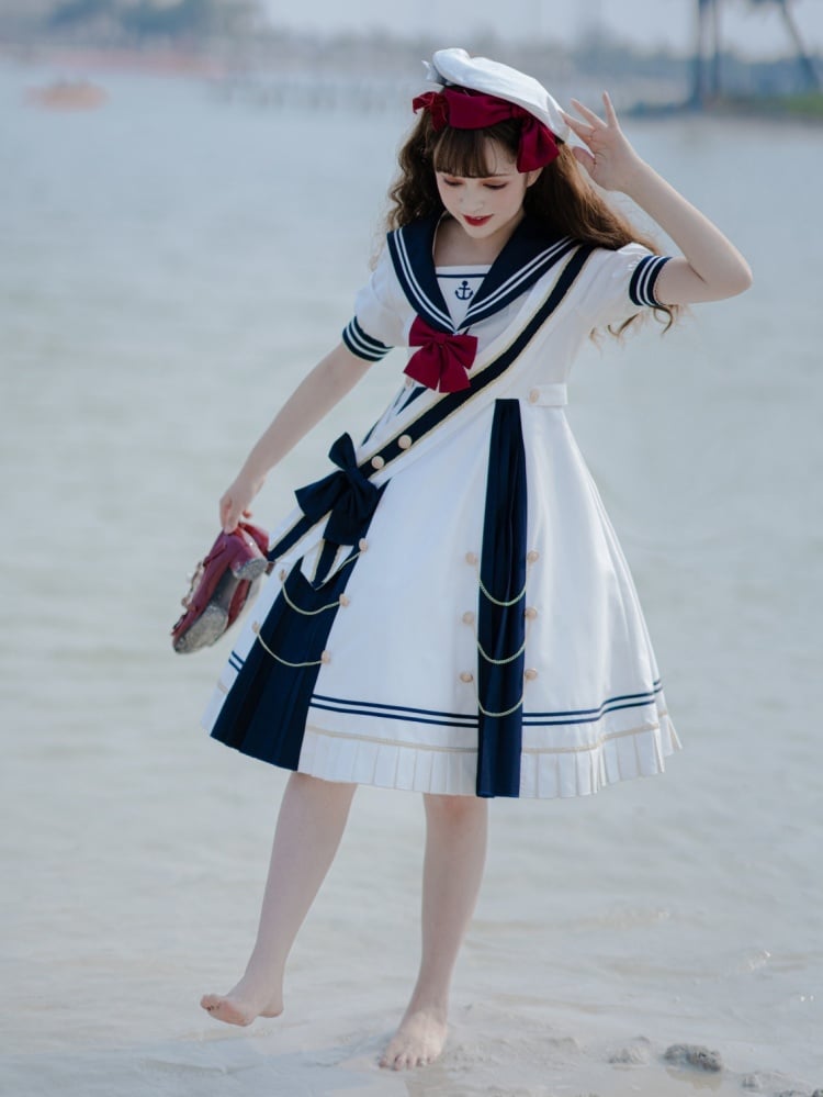 Sea Breeze Dark Blue Sailor Collar One Piece High Waist Sweet Dress with Bow Tie and Ribbon
