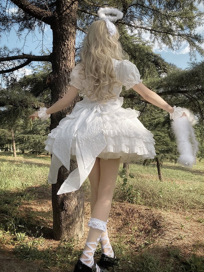 White Sweetheart Neckline Boned Bodice Balletcore Jumper Skirt Tiered Ruffles with Big Bow