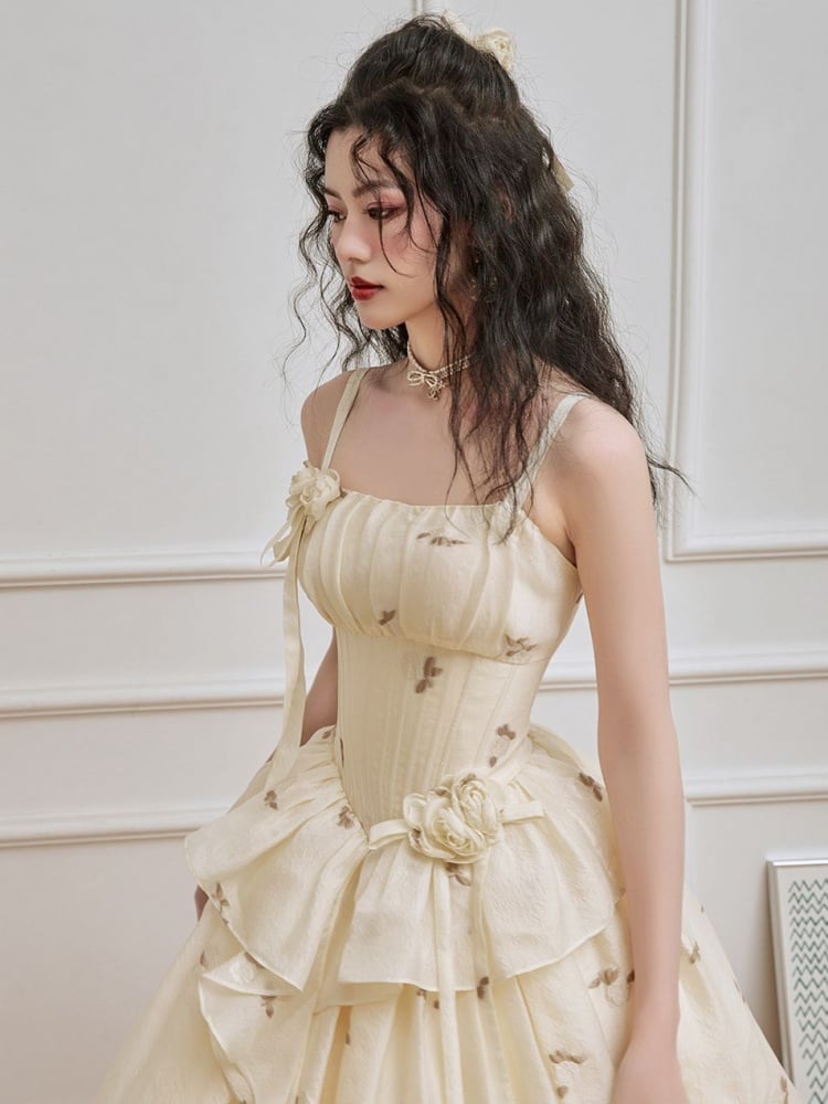 Light Yellow Floral Pattern Boned Bodice Jumper Skirt with Rosette Brooches Long Version