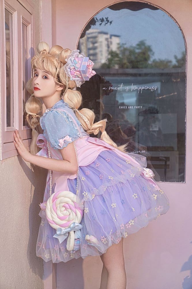 Rainbow Candy Stars Print Lollipop Design Lolita JSK+Brooches+Big Bow Train Set