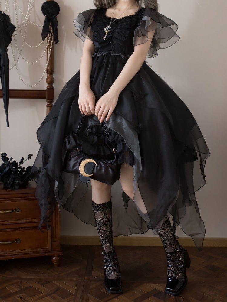 Twin Butterfly Black Square Neckline Handkerchief Hem Jumper Skirt