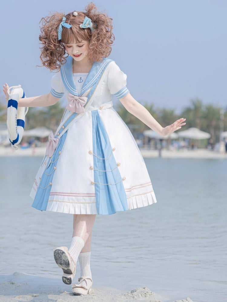 Sea Breeze Light Blue Sailor Collar One Piece High Waist Sweet Dress with Bow Tie and Ribbon