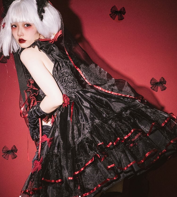 Plus Size Friendly Seven Deadly Sins Halter Neck Sweetheart Neckline Tiered Skirt and Flounce Hem Lolita JSK