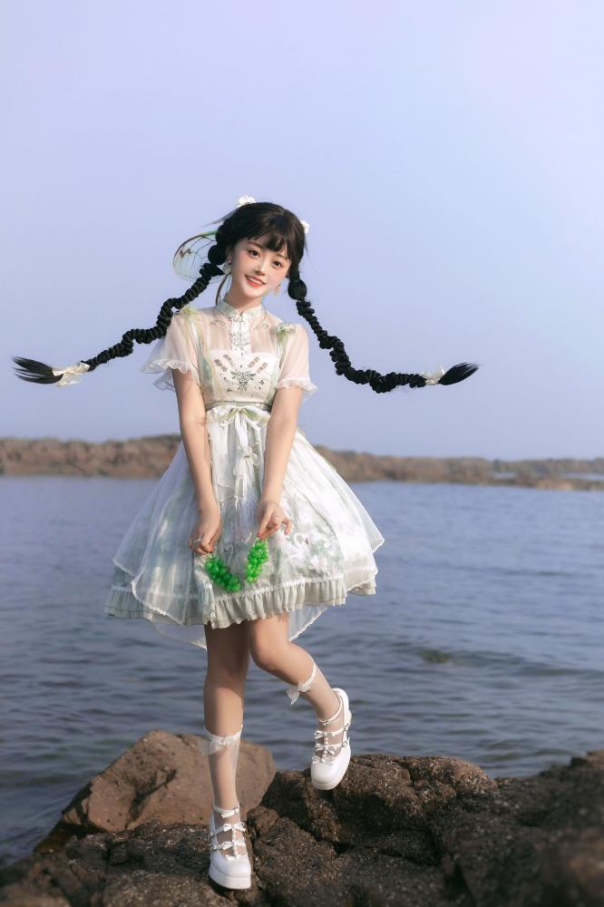 Swan Castle Print Green Qi Style Jumper Skirt/Full Set Embroidery Ruffle Hem