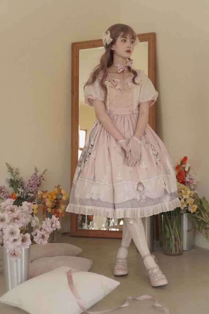 Spring Curtain Country Style Little Girl Print Embroidery Round Neck Bowknot Details Short Sleeves One Piece