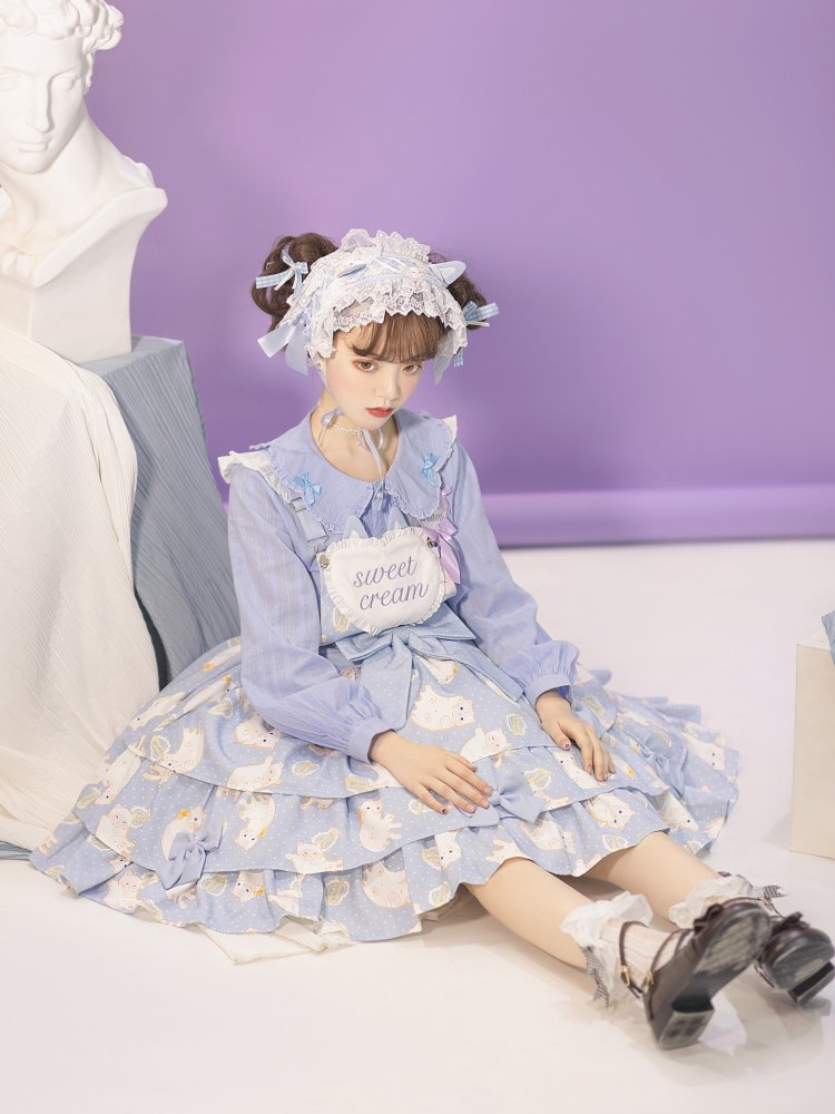 In Stock Kitty Print Bowknot Details Tiered Ruffle Hem Overall Dress