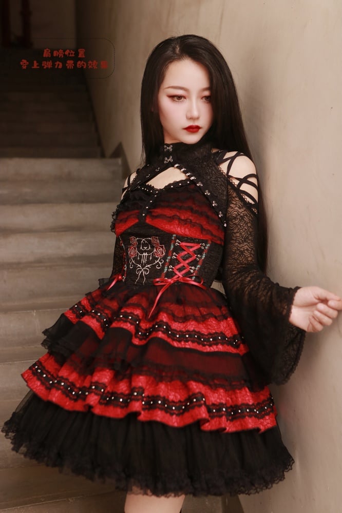 Rose Thorn Color Red Sweetheart Neckline Floral Embroidery Jumper Skirt Short Version