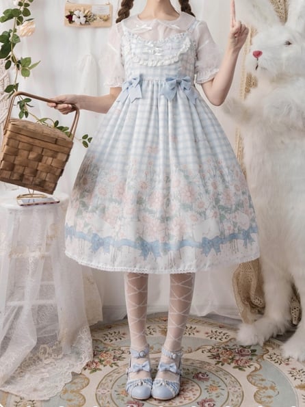 Margaret Floral Print Bowknot Details Gingham Pattern V-neck Jumper Skirt