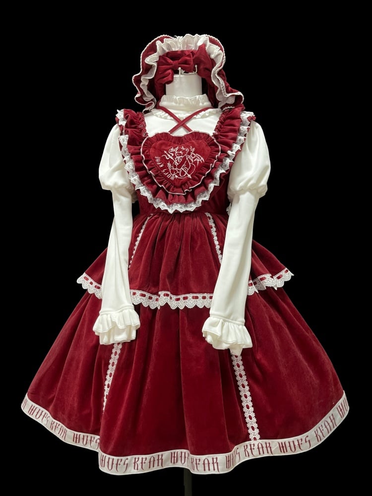 In Stock Runaway Bear Emboridery Heart-shaped Neckline Letter Print Hemline Velvet Jumper Skirt