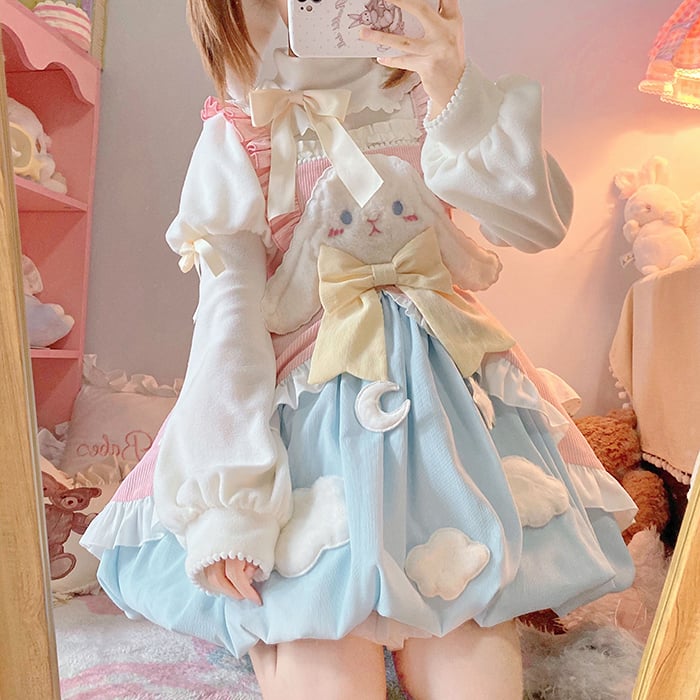 Sleepy Rabbit Corduroy Bunny Embroidery Applique Bodice Bubble Skirt Lolita JSK