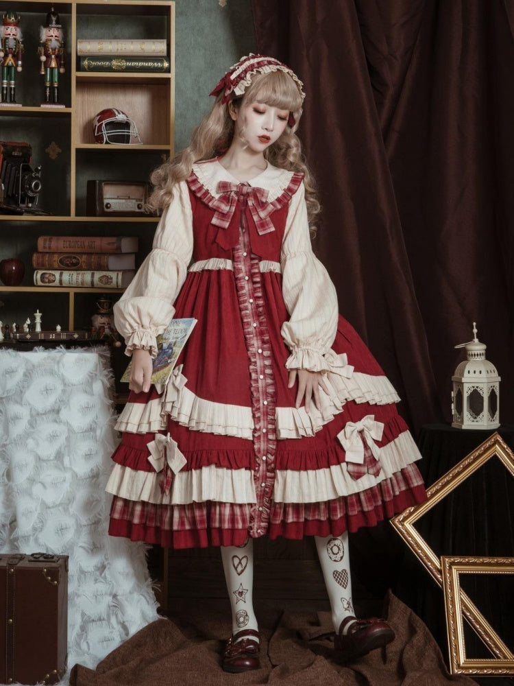 Peter Pan Collar Red Plaid Pattern Bowknot Details Long Sleeves Lolita OP