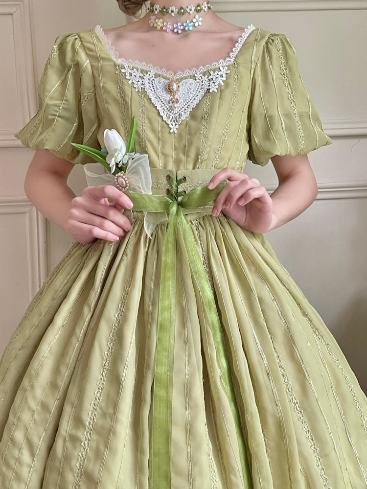 Tulip 1.0 Tiered Skirt and Ruffle Trim Short Sleeves One Piece Version A (Lace Applique Neckline)/Version B