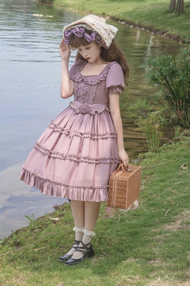 Square Neckline Smocked Elastic Front Bodice Ruffle Hemline Long/Short Sleeves Lolita OP