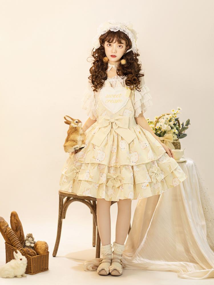 In Stock Kitty Print Bowknot Details Tiered Ruffle Hem Overall Dress