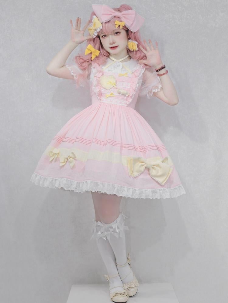 In Stock Bowknot High Waist Ruffle Hem Jumper Skirt