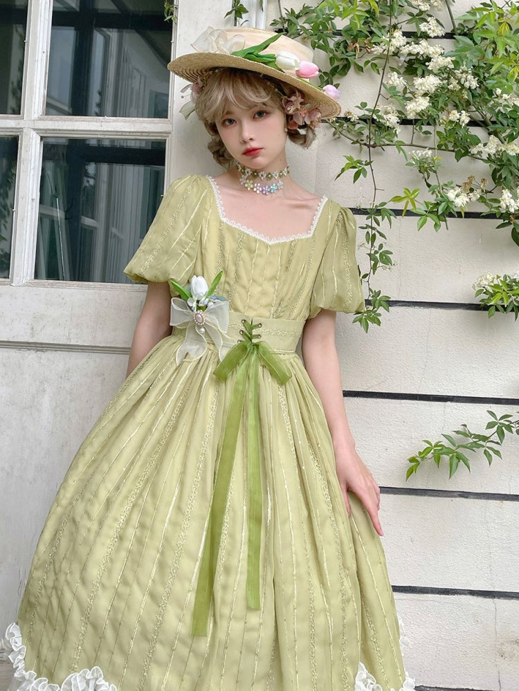 Tulip 1.0 Tiered Skirt and Ruffle Trim Short Sleeves One Piece Version A (Lace Applique Neckline)/Version B