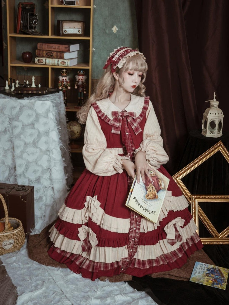 Peter Pan Collar Red Plaid Pattern Bowknot Details Long Sleeves Lolita OP
