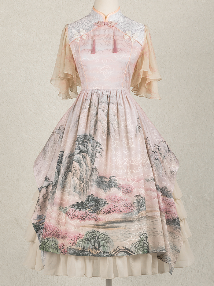 In Stock Mountains-and-waters Painting Print Irregular Hem Chinoiserie Style Short Sleeves One Piece