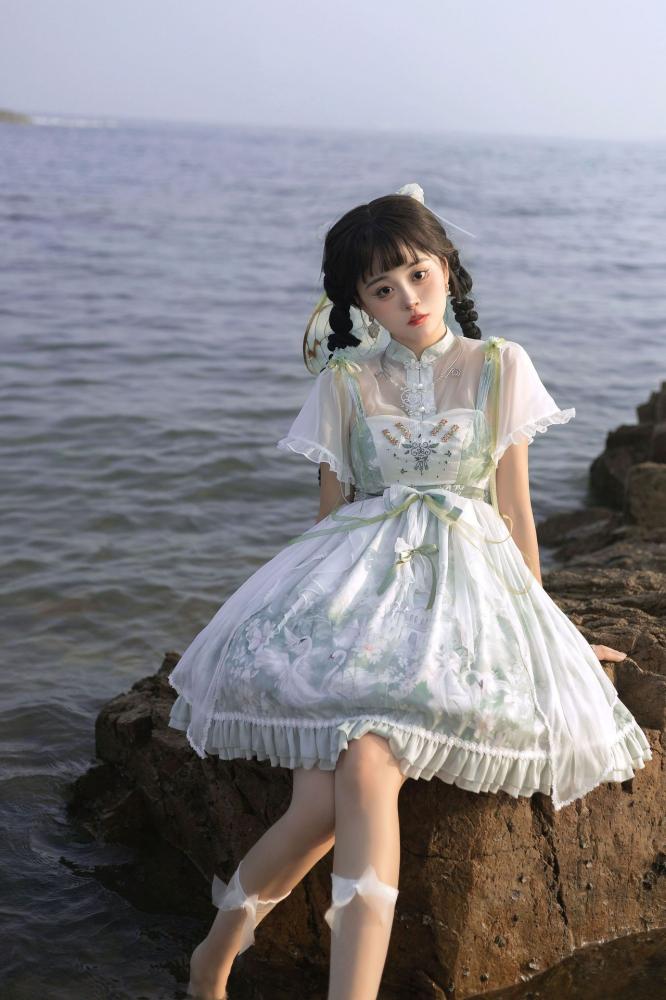 Swan Castle Print Green Qi Style Jumper Skirt/Full Set Embroidery Ruffle Hem