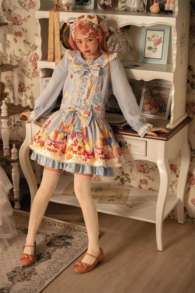 Little Bear and Pot Built-in Petticoat Bear and Biscuit Print Overalls