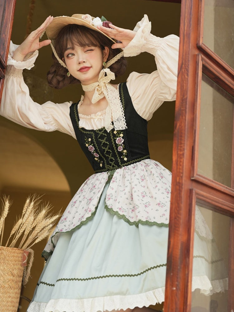 Heidi's Dream Lace-up Detail Ruffle Trim Floral Print Lolita JSK