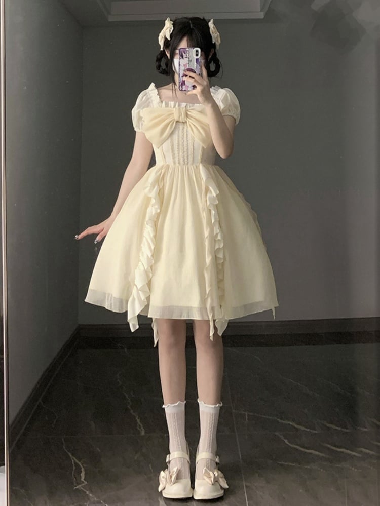Light Yellow Big Bowknot Elastic Neckline One Piece