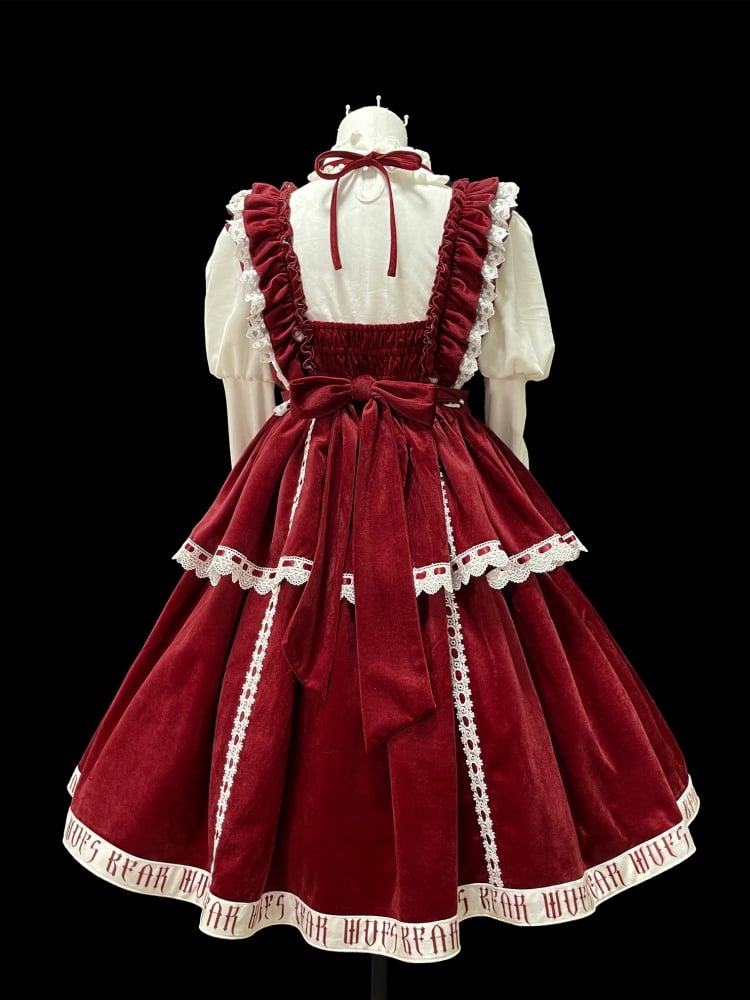 In Stock Runaway Bear Emboridery Heart-shaped Neckline Letter Print Hemline Velvet Jumper Skirt