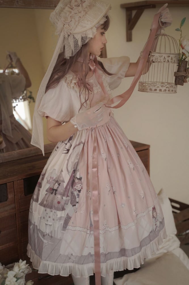 Spring Curtain Country Style Little Girl Print Embroidery Round Neck Bowknot Details Short Sleeves One Piece