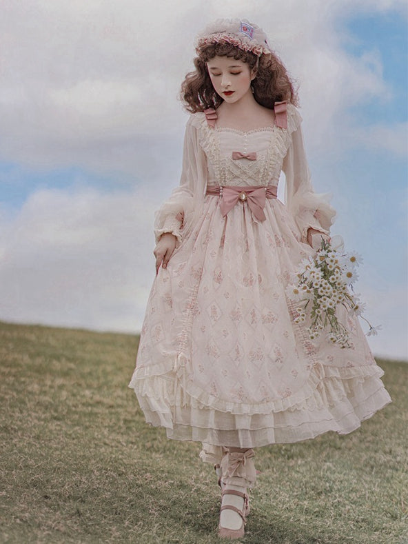 Time Letter Paper Floral Print Bowknot Details Drawstring Ruffle Hem Long Sleeves One Piece