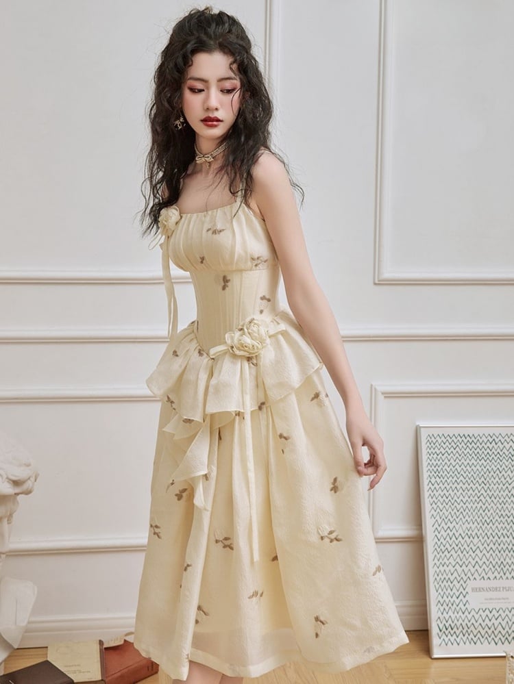 Light Yellow Floral Pattern Boned Bodice Jumper Skirt with Rosette Brooches Long Version