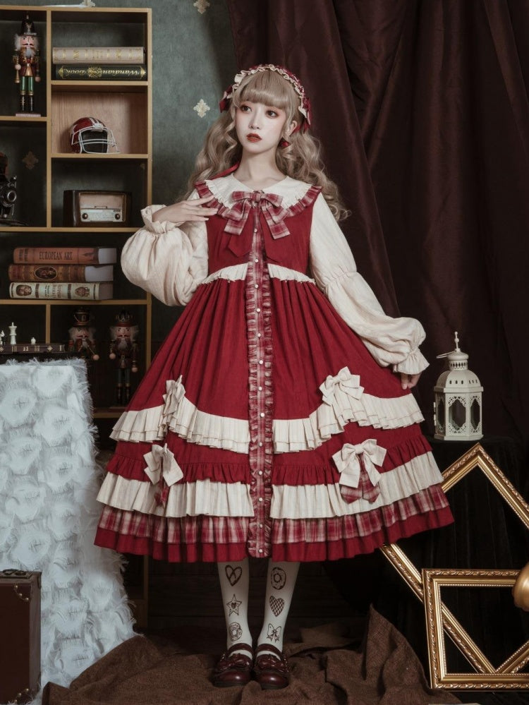 Peter Pan Collar Red Plaid Pattern Bowknot Details Long Sleeves Lolita OP