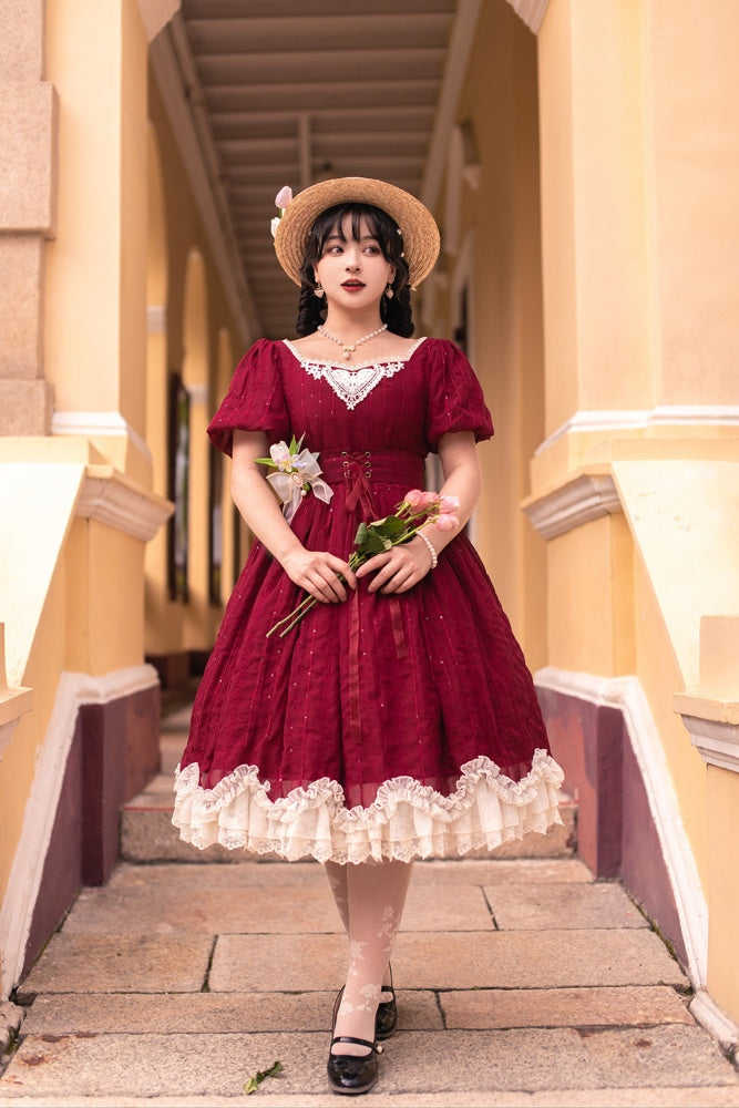 Tulip 1.0 Tiered Skirt and Ruffle Trim Short Sleeves One Piece Version A (Lace Applique Neckline)/Version B