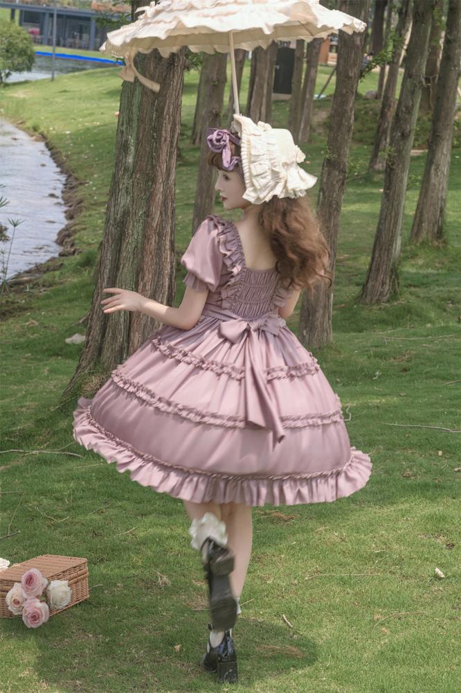 Square Neckline Smocked Elastic Front Bodice Ruffle Hemline Long/Short Sleeves Lolita OP