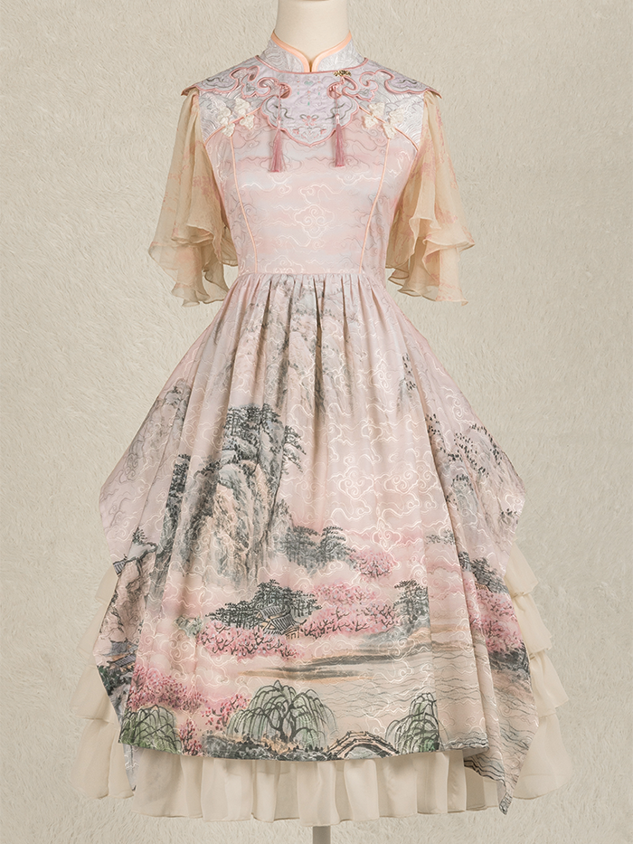 In Stock Mountains-and-waters Painting Print Irregular Hem Chinoiserie Style Short Sleeves One Piece