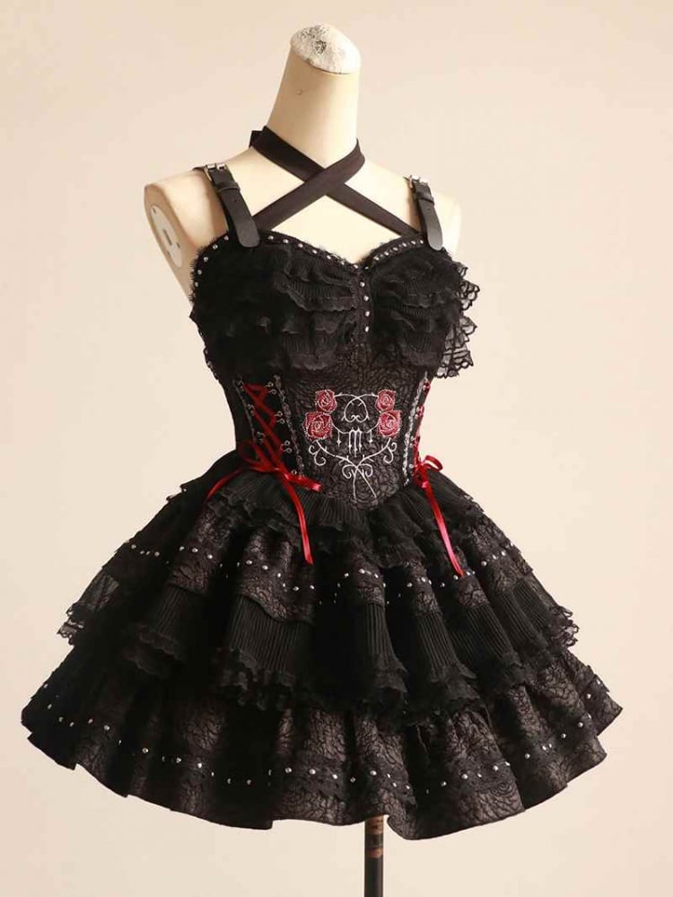 Rose Thorn Color Black Sweetheart Neckline Floral Embroidery Jumper Skirt Short Version