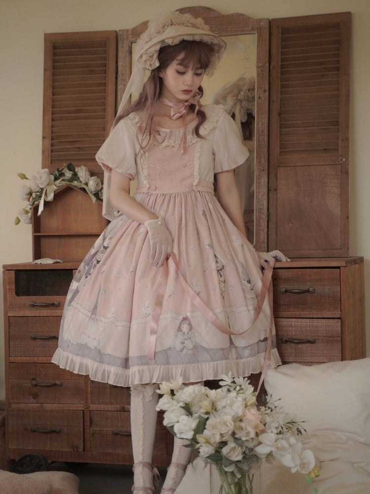 Spring Curtain Country Style Little Girl Print Embroidery Round Neck Bowknot Details Short Sleeves One Piece