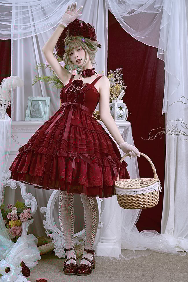 Rozen Maiden Front Buttons Closure Shirring Back Plus Size Friendly Black / Wine Red / Green / Pink Classic Jumper Skirt